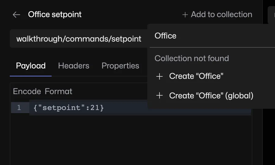 Add to collection menu offering connection and global collection creation