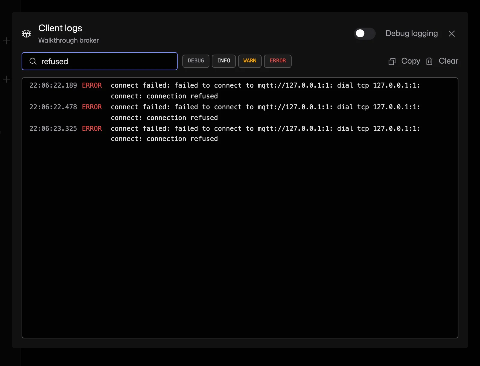Client logs filtered to a connection refused error on a local test port