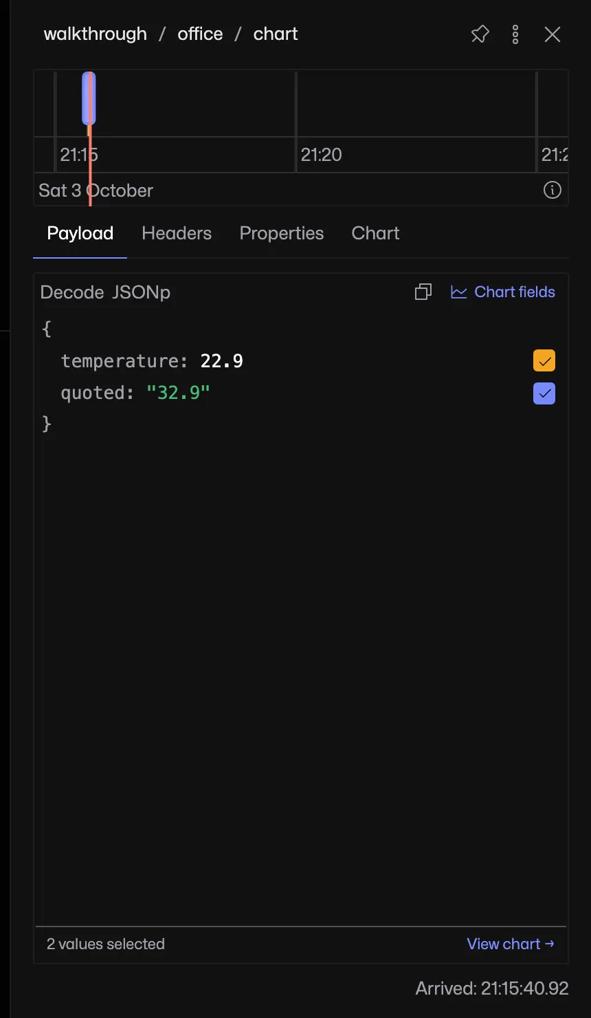 Payload field picker with temperature and quoted numeric values selected