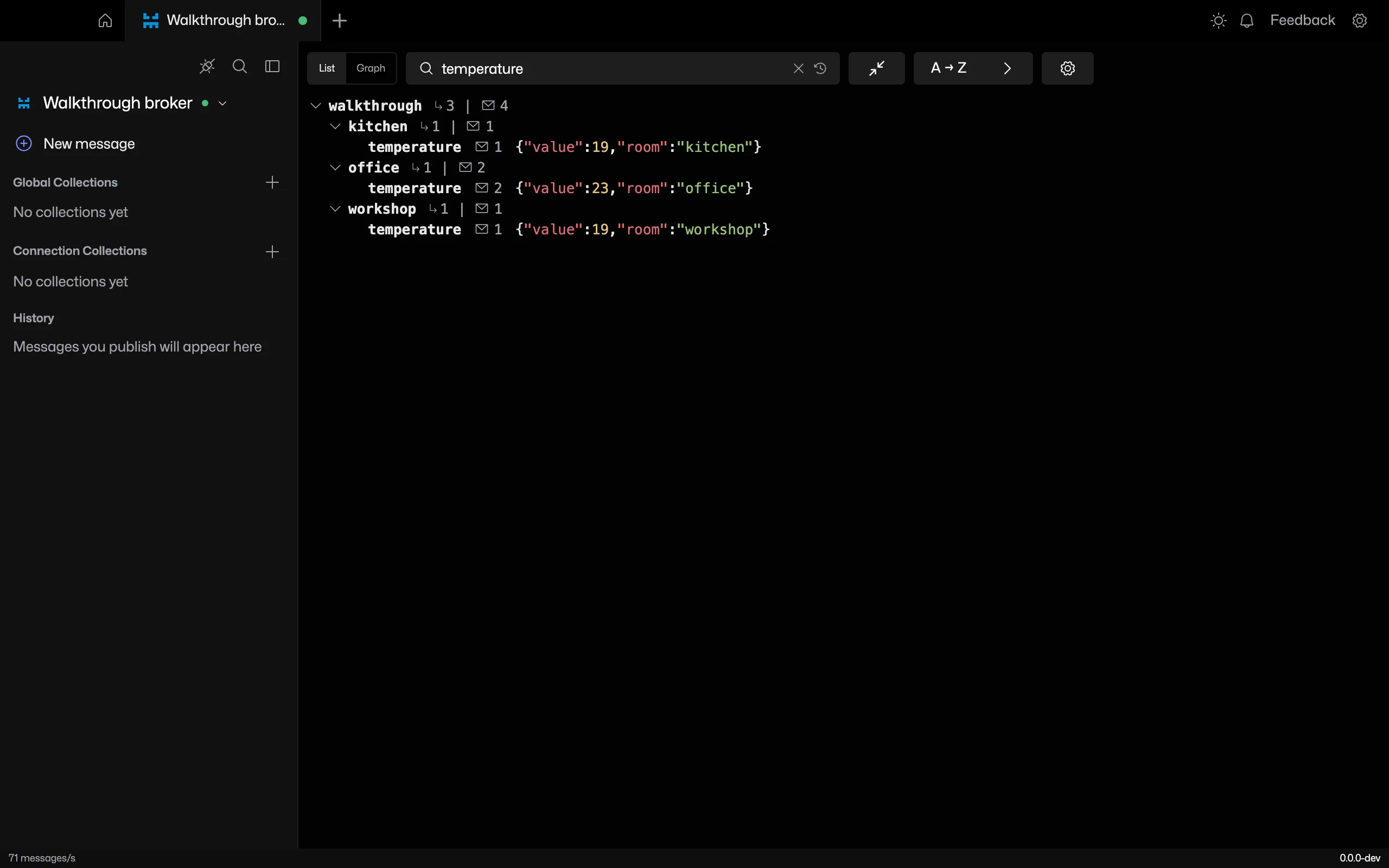 Topic tree filtered to temperature topics across three rooms