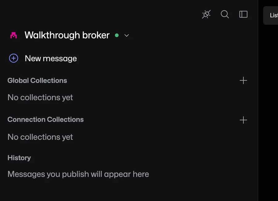 Connection sidebar with New message highlighted beneath Walkthrough broker