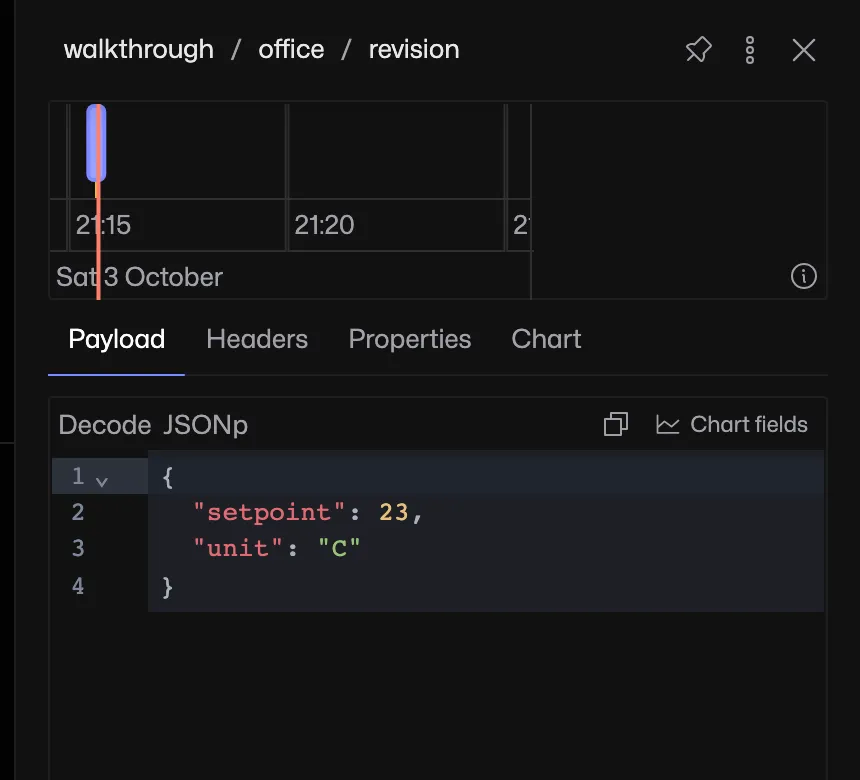 Selected topic showing the latest JSON setpoint of 23