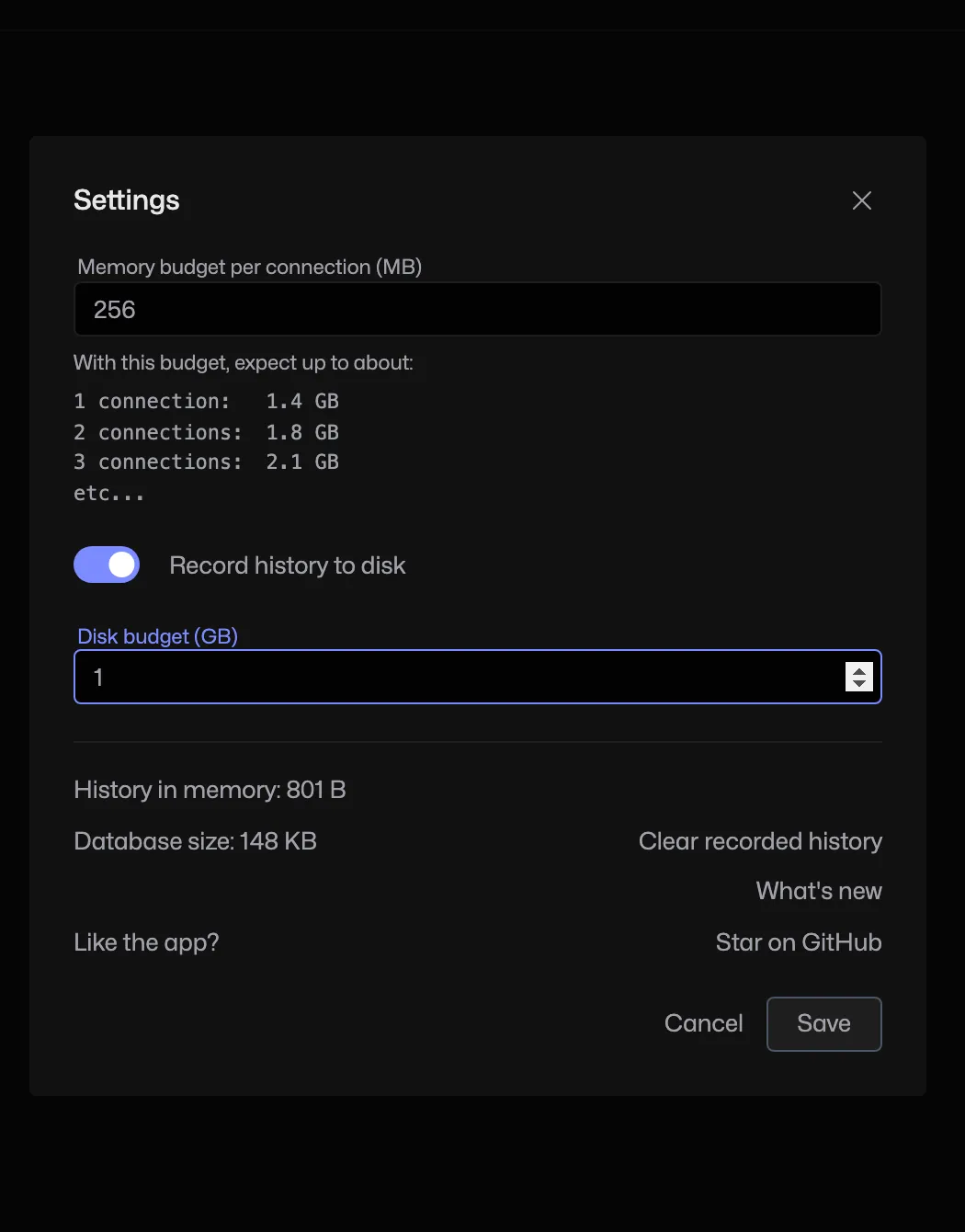 Disk recording and the in-memory budget are separate settings.