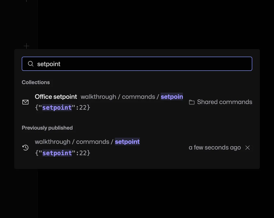 Message search showing saved and previously published setpoint matches