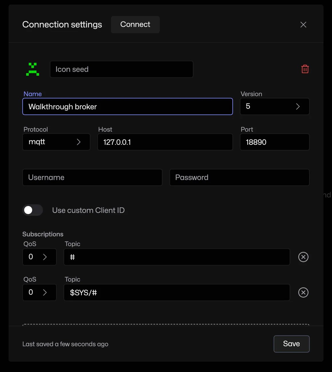 Connection settings with a local host, MQTT protocol and port