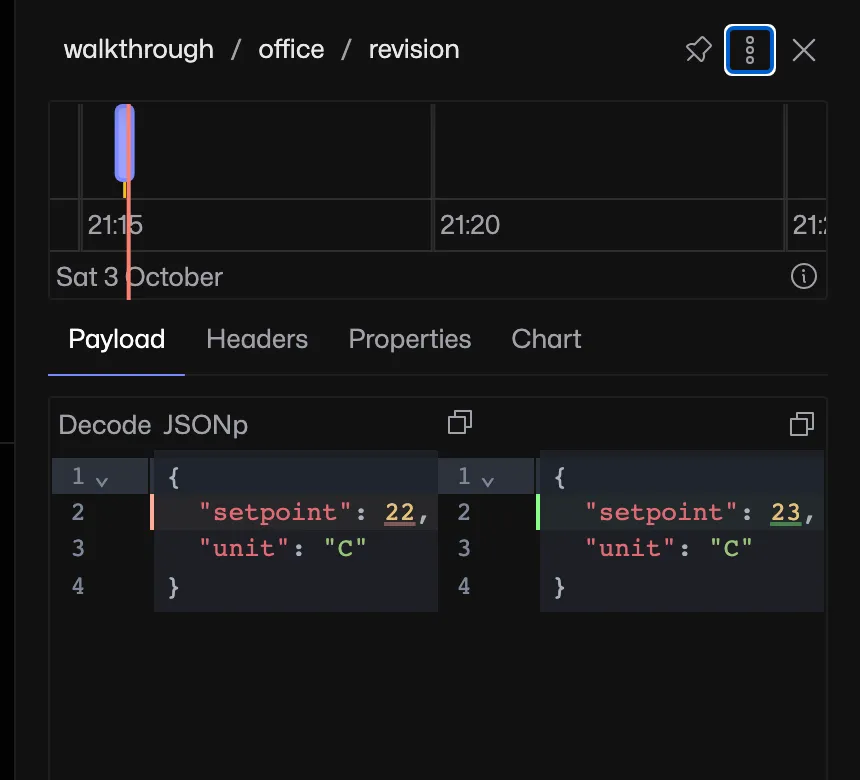 Payload comparison showing setpoint 22 changing to 23