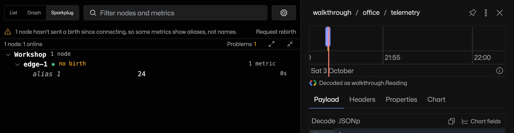 Sparkplug view showing an edge node whose alias-only data arrived before its birth