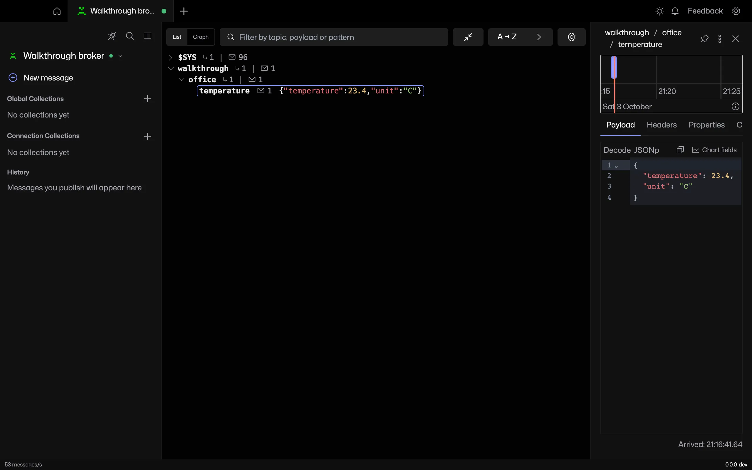 Connected MQTT Viewer showing a received JSON temperature message