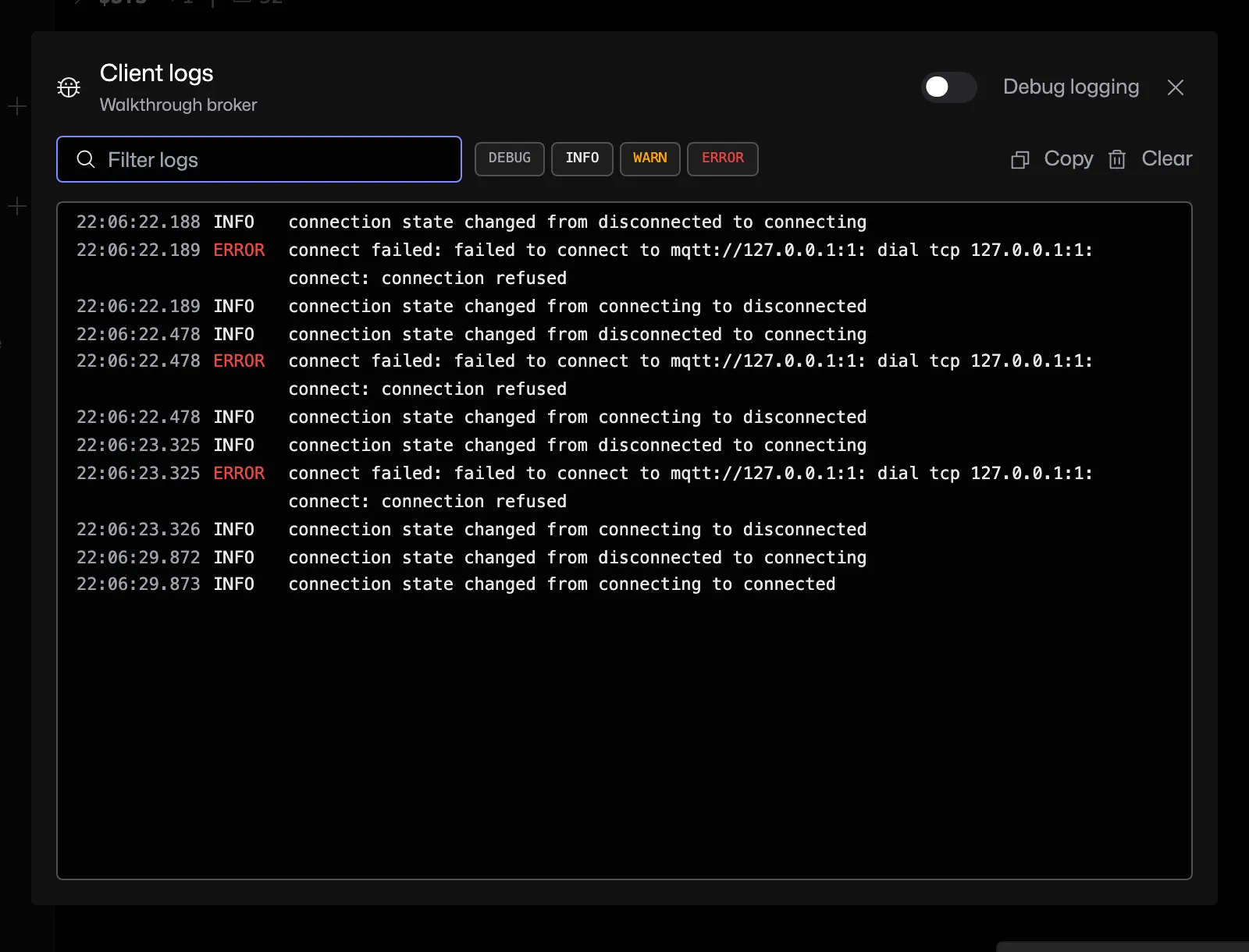Client logs after correcting the port and reconnecting to the test broker