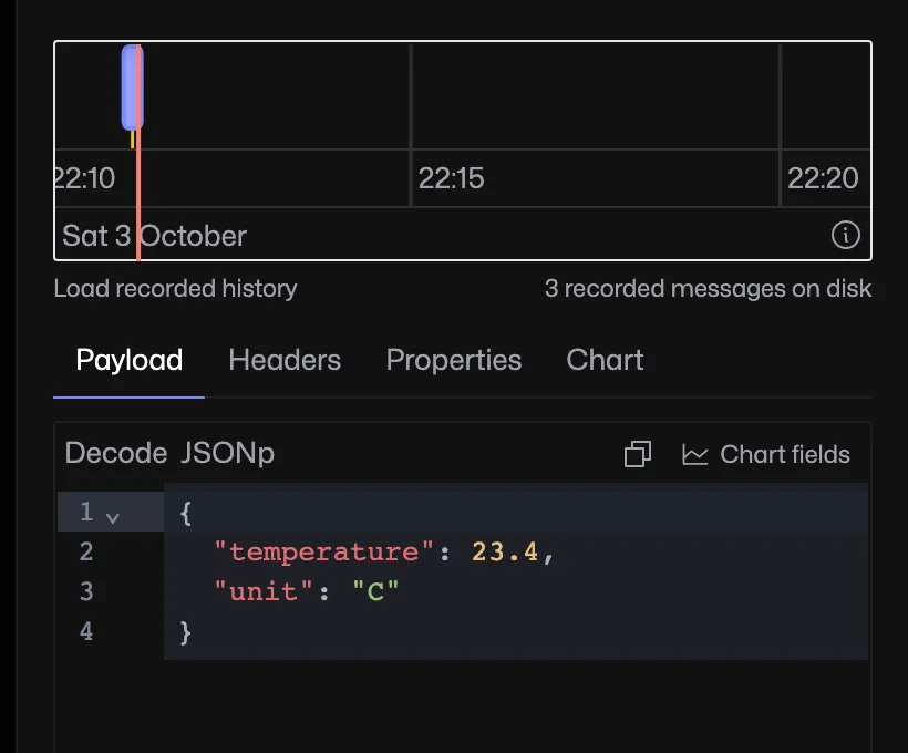 The topic panel can read recorded messages from disk.