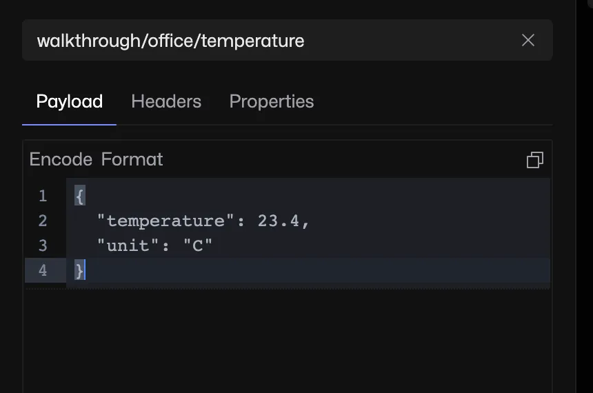 Publish editor containing topic walkthrough/office/temperature and a JSON payload with temperature 23.4 and unit C