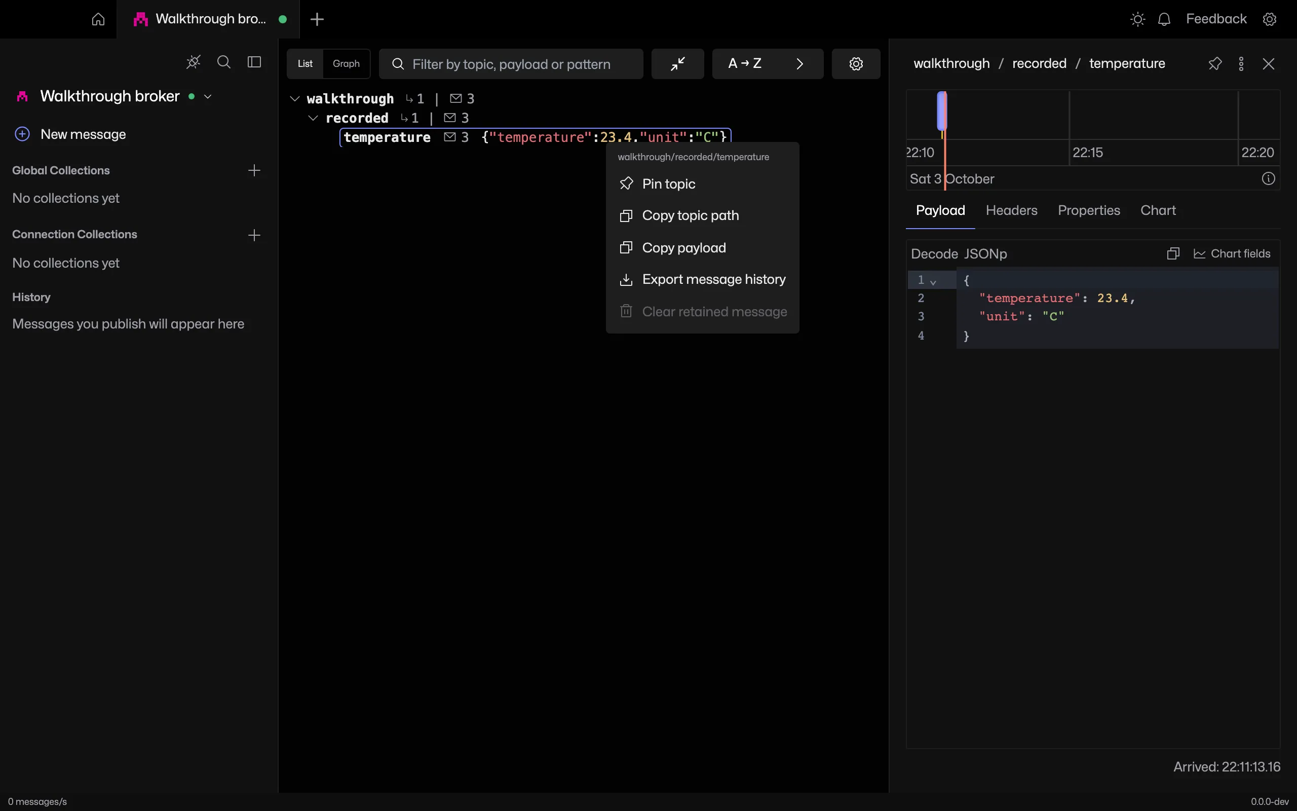 Export message history is in the topic’s context menu.