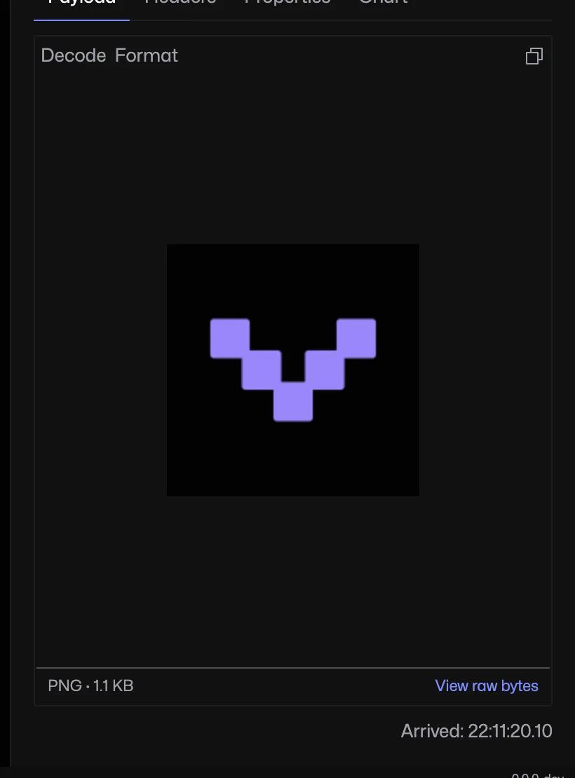 An MQTT message containing a PNG appears as an image preview.