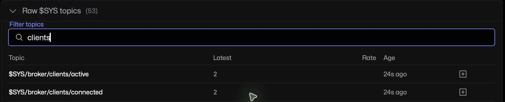 Raw SYS topics filtered to clients, with active and connected counts of two