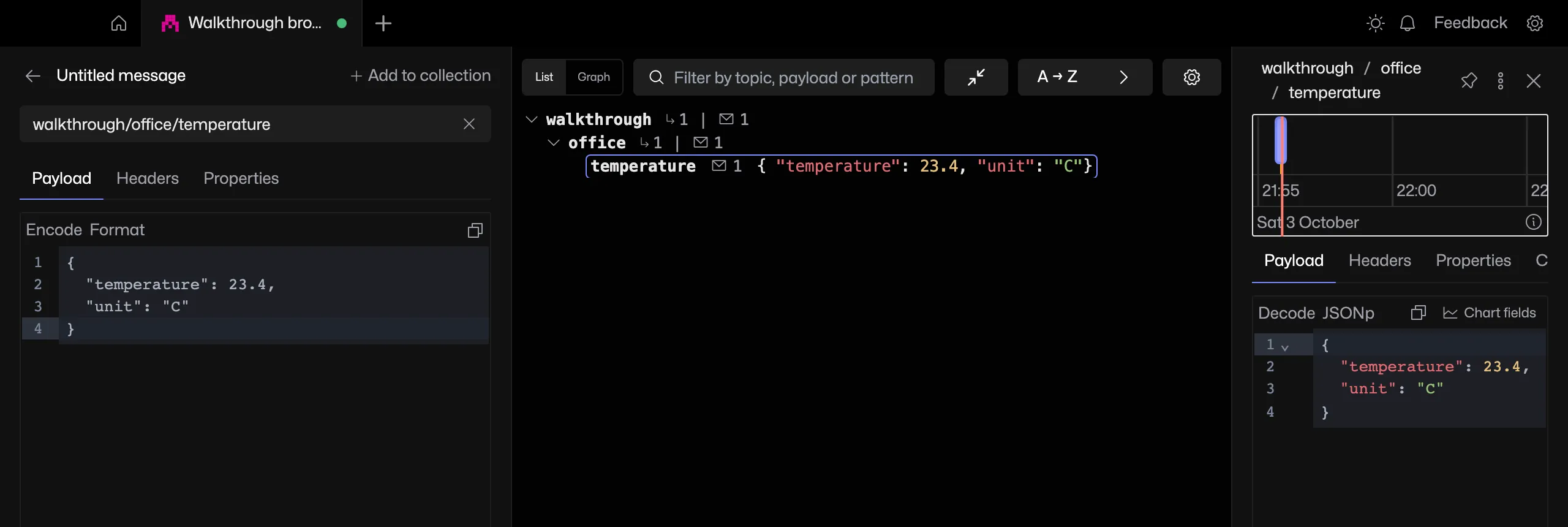 MQTT Viewer showing the published JSON in the editor and the received temperature reading in the selected-topic panel