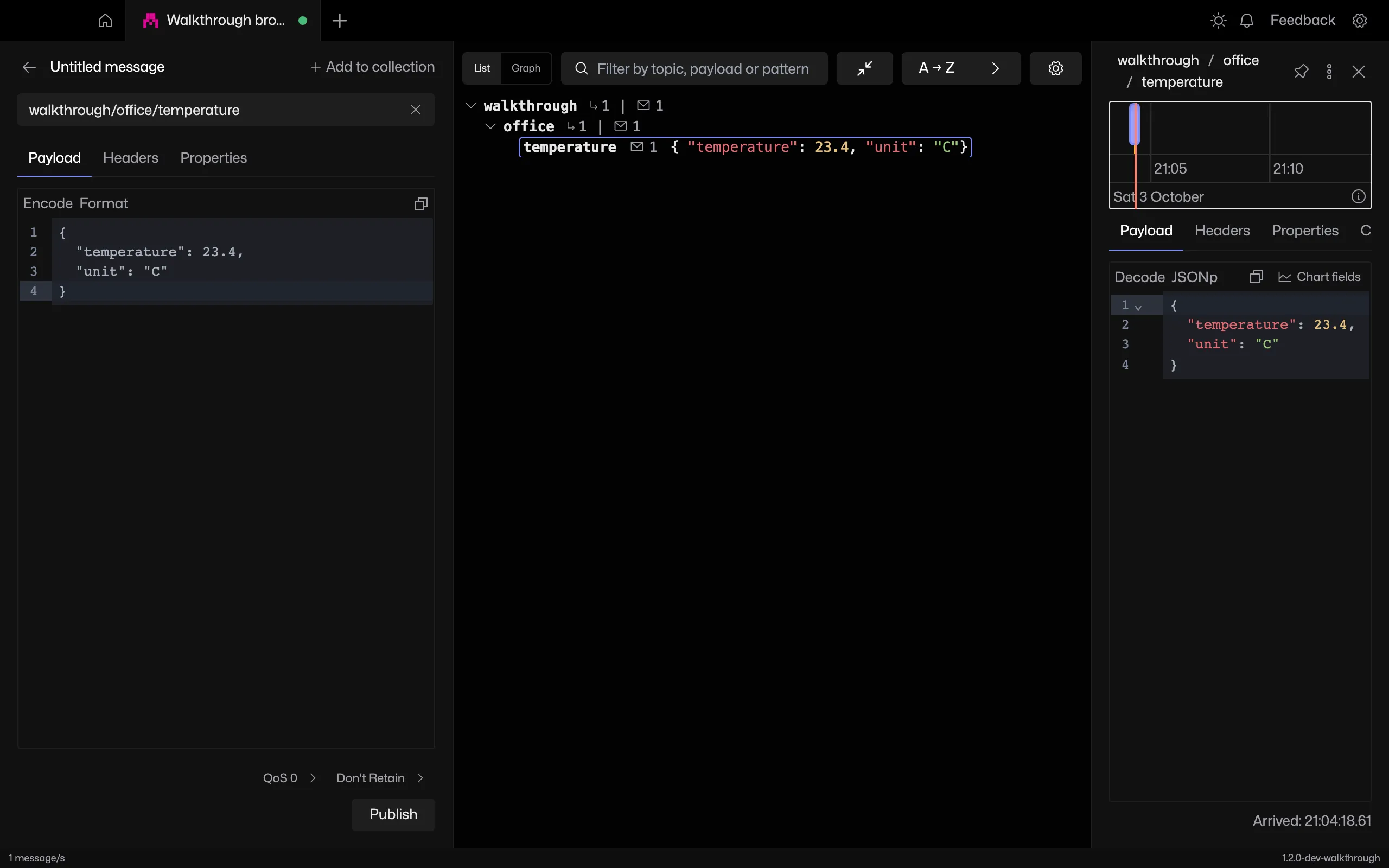 MQTT Viewer running in Docker with the published temperature reading in the topic panel