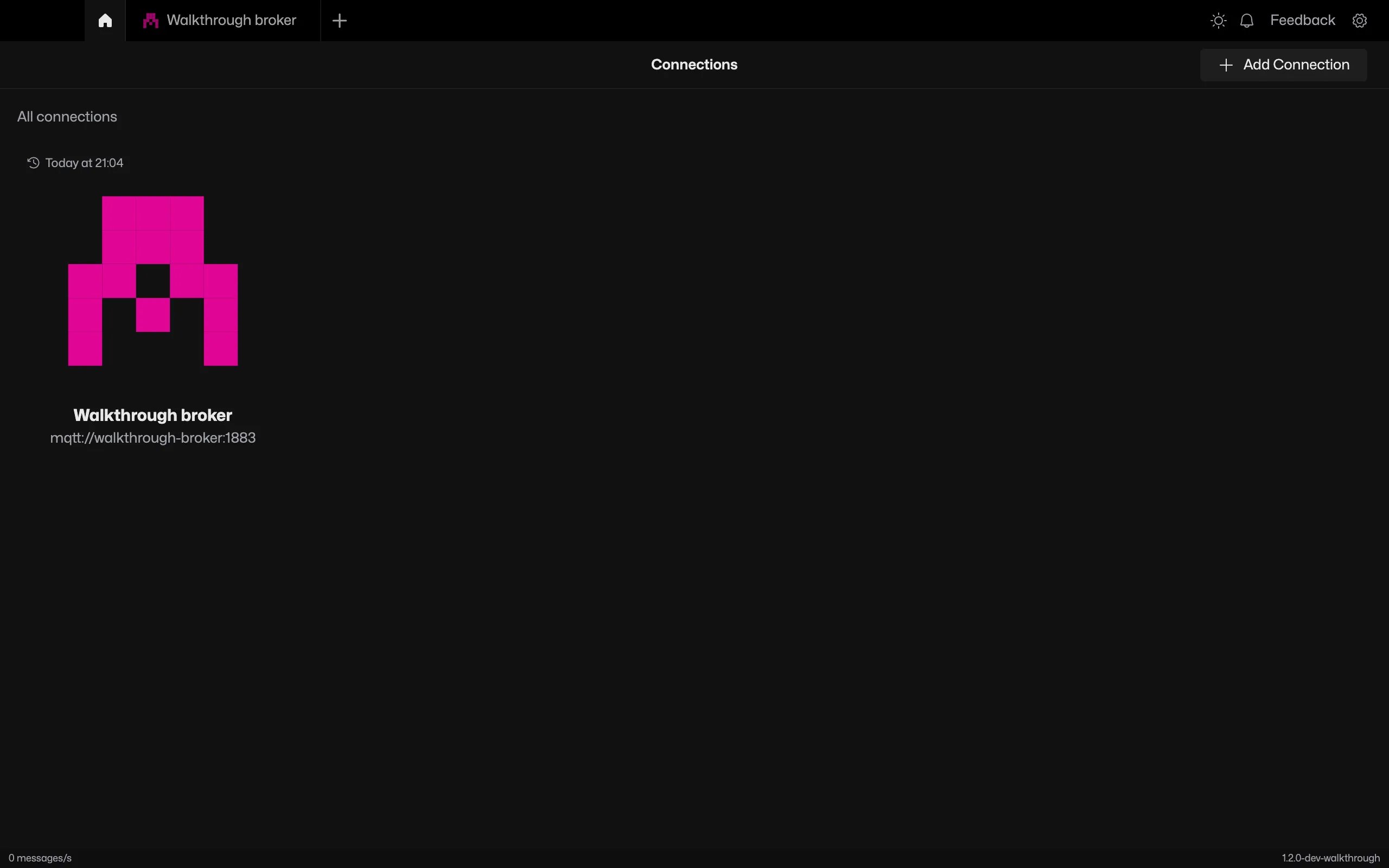 MQTT Viewer after its Docker container restarted, with the saved Walkthrough broker connection still present
