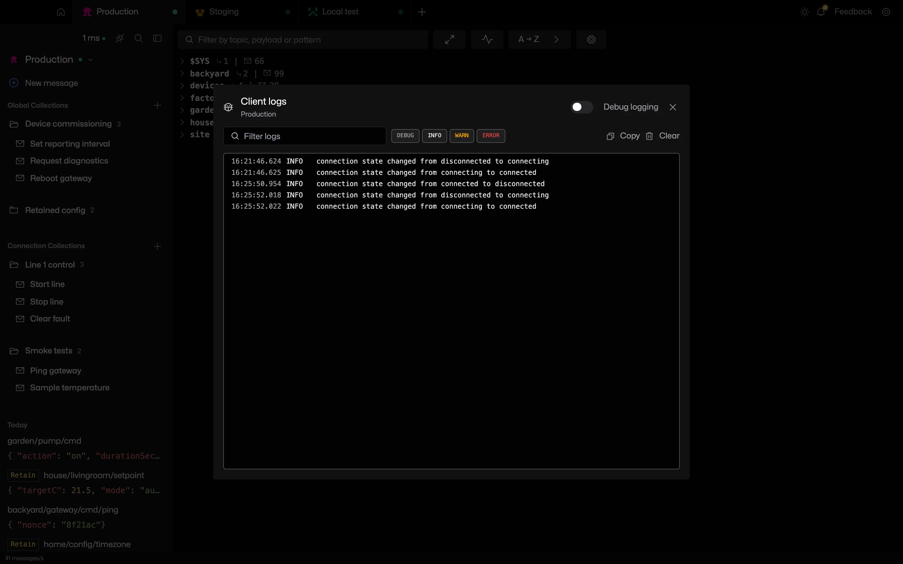 The client logs dialog for a connection, showing connect, subscribe and ping lines in a monospace view with level filters and a search box
