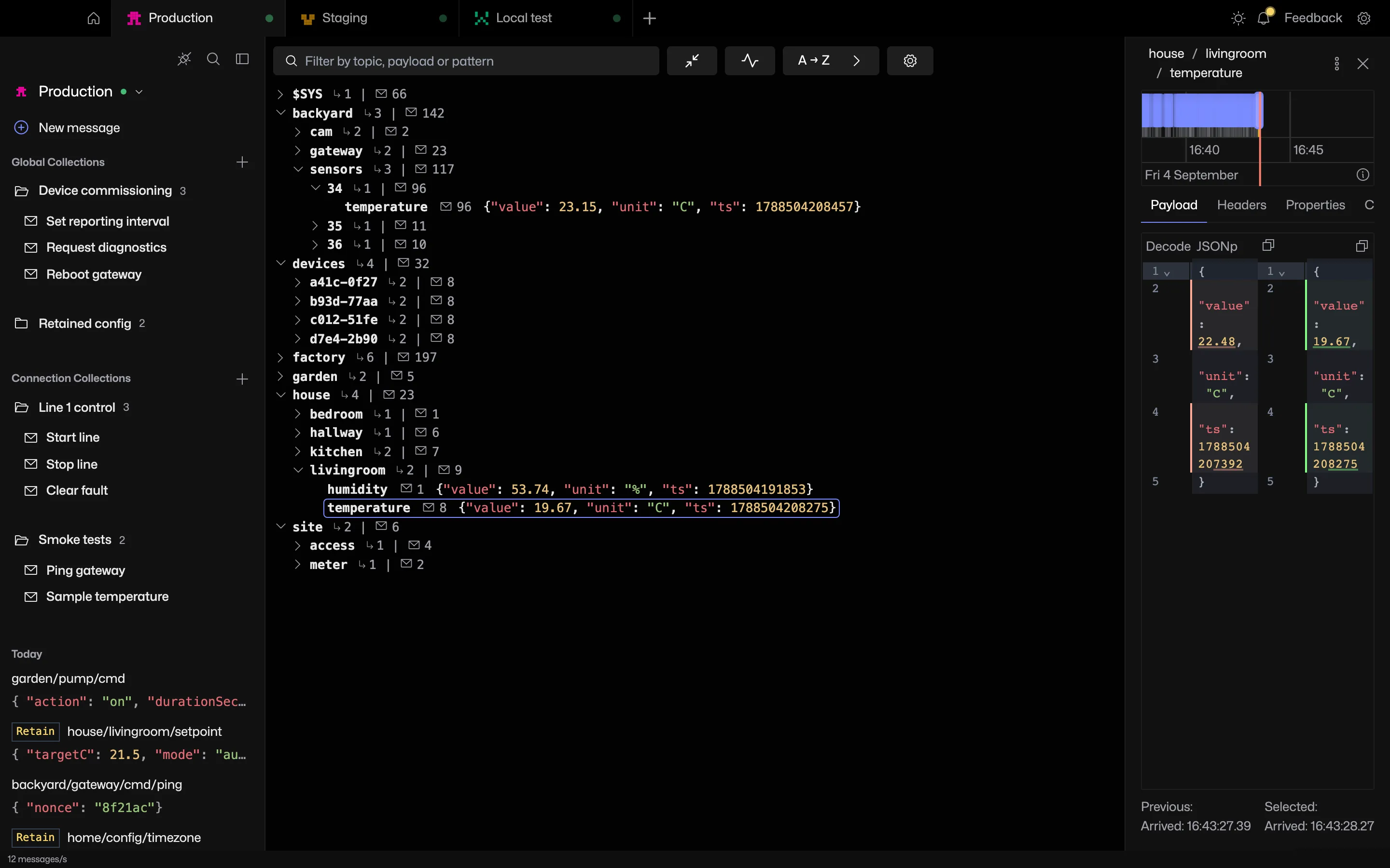 The compare tab showing two JSON payloads side by side with the changed lines highlighted
