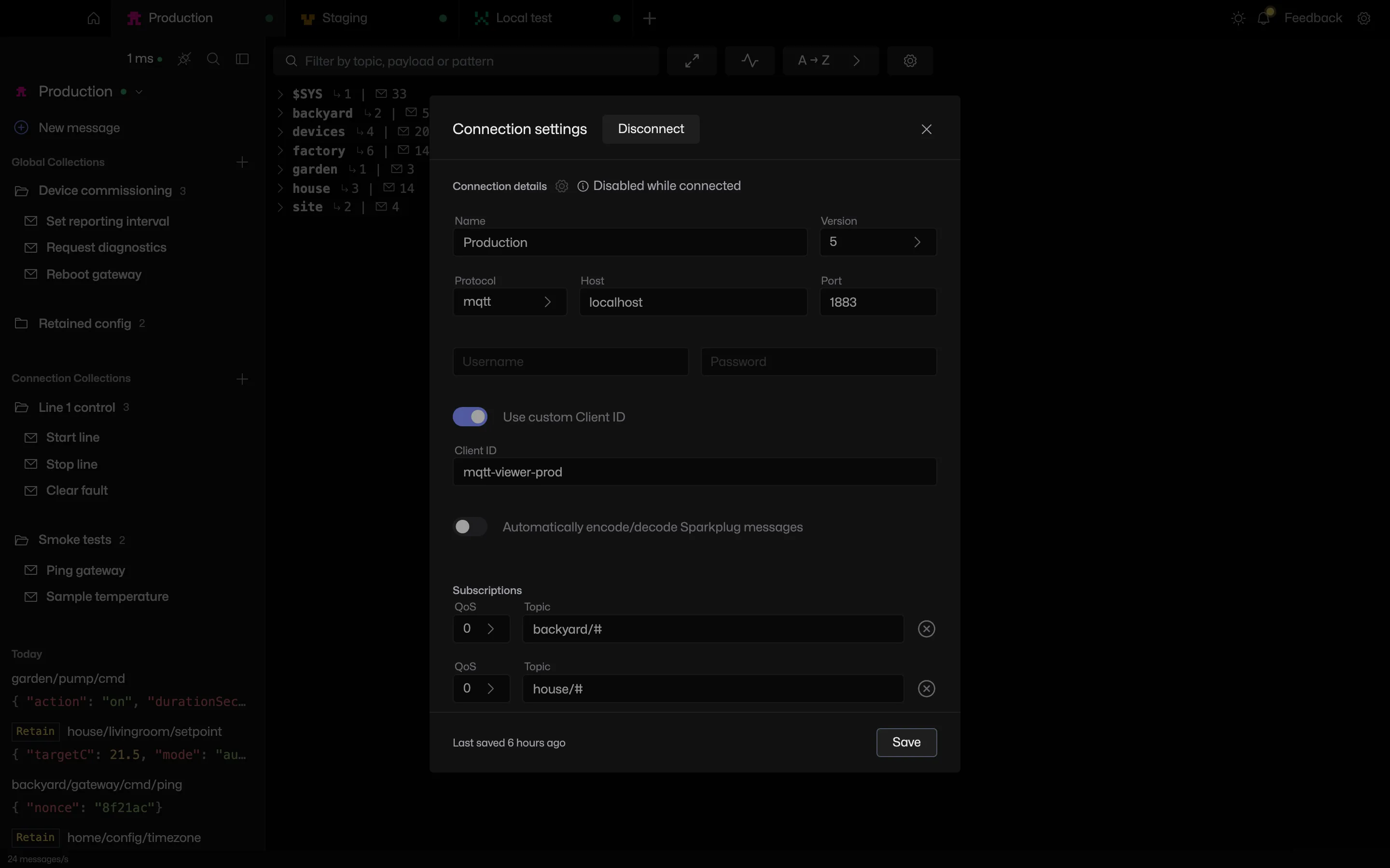 The connection settings dialog with a Disconnect button in the header and a footer showing when changes were last saved