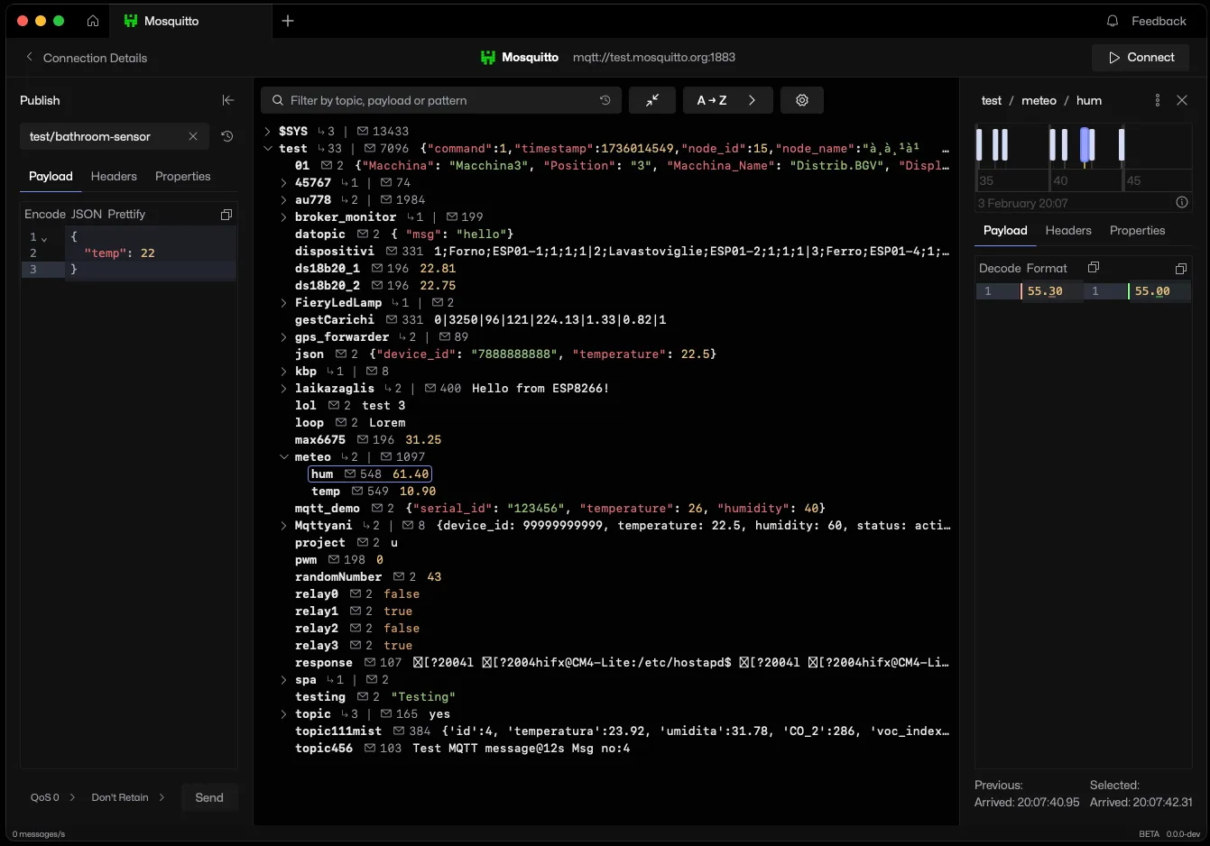 MQTT Viewer desktop app showing a live topic tree, an interactive message timeline, and a publish panel across multiple broker connections