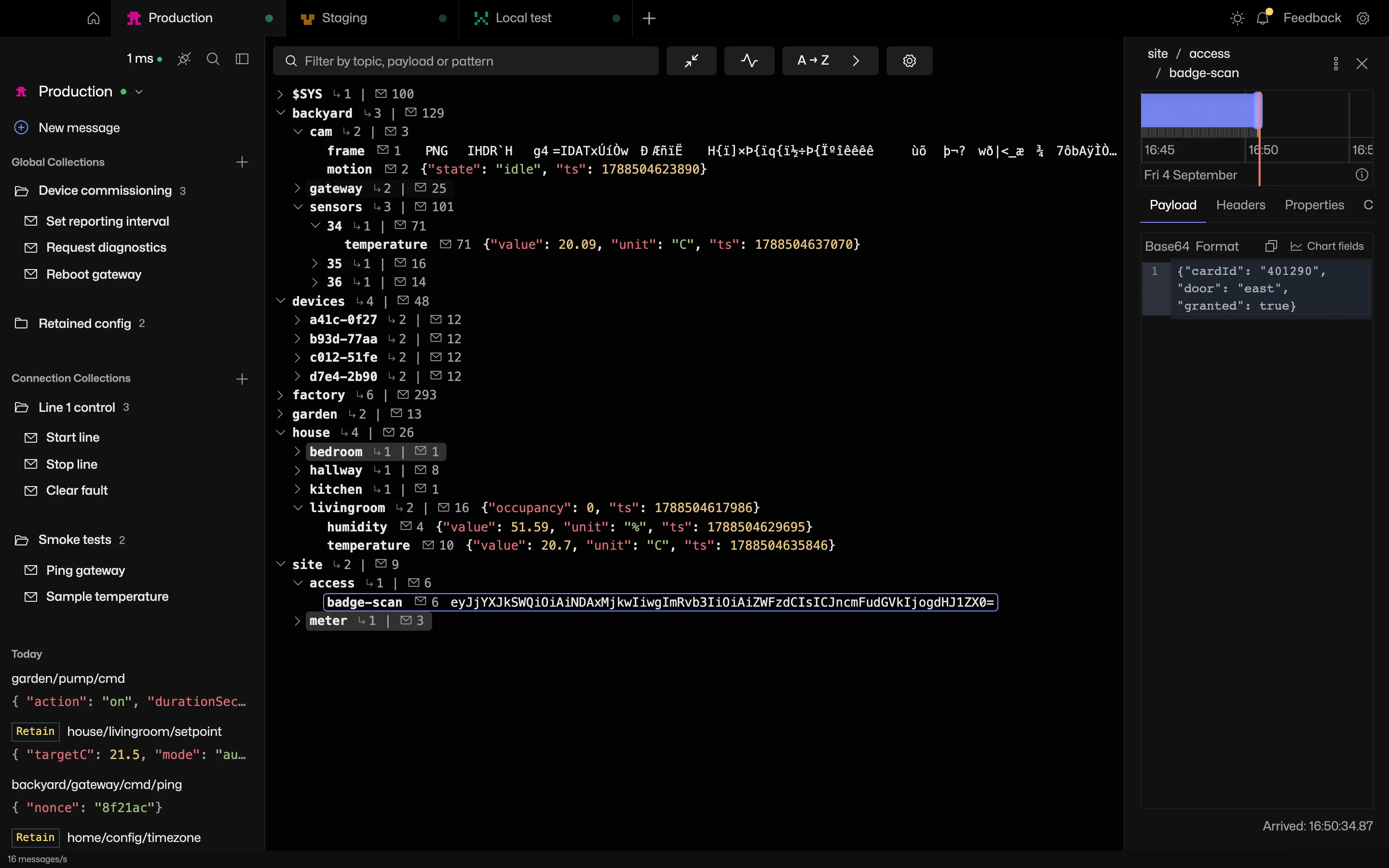 A Sparkplug B payload decoded into JSON in the topic panel, with the codec selector showing the chosen decoder