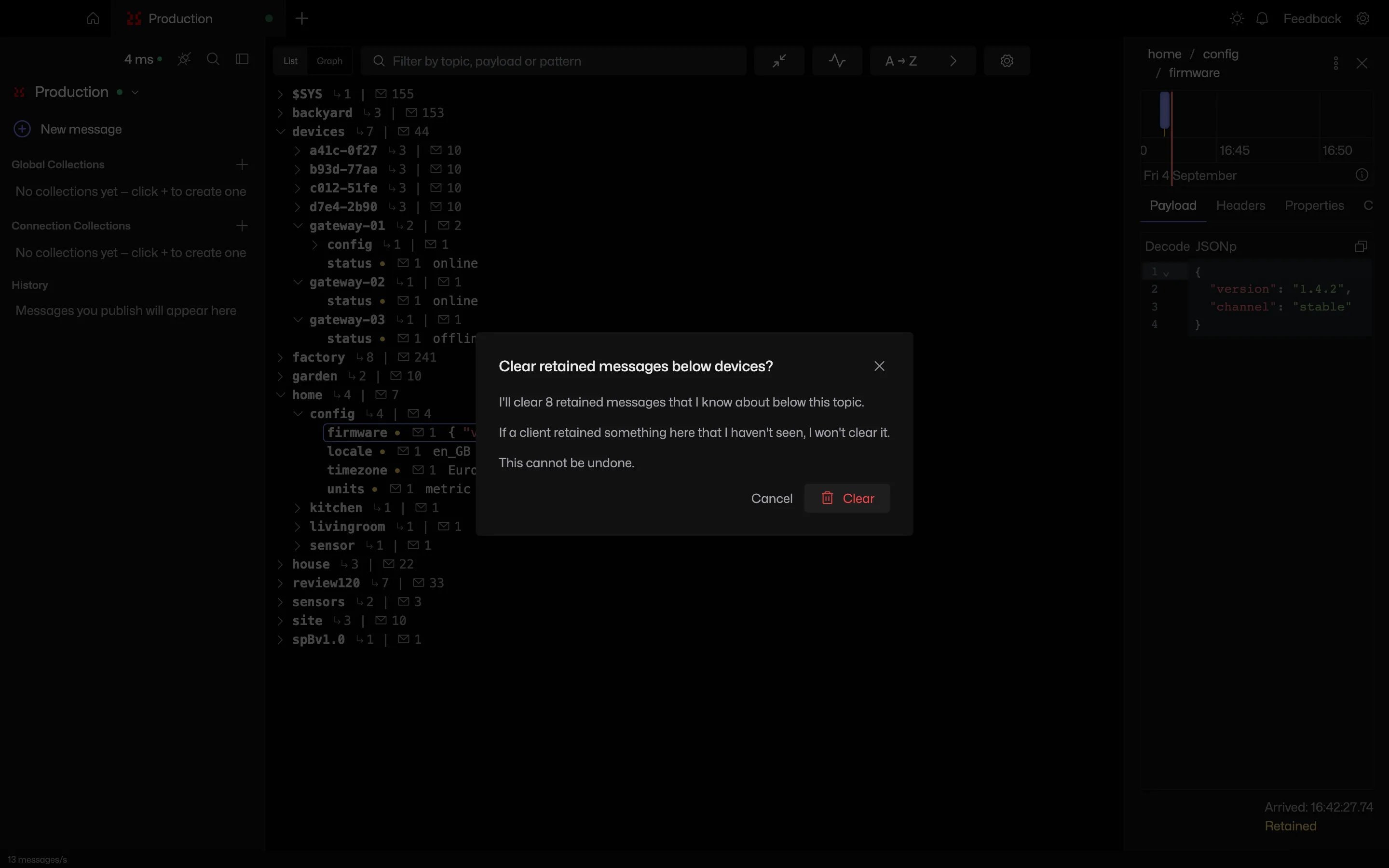 The confirmation dialog before clearing retained messages below a topic, stating how many known retained messages will be cleared