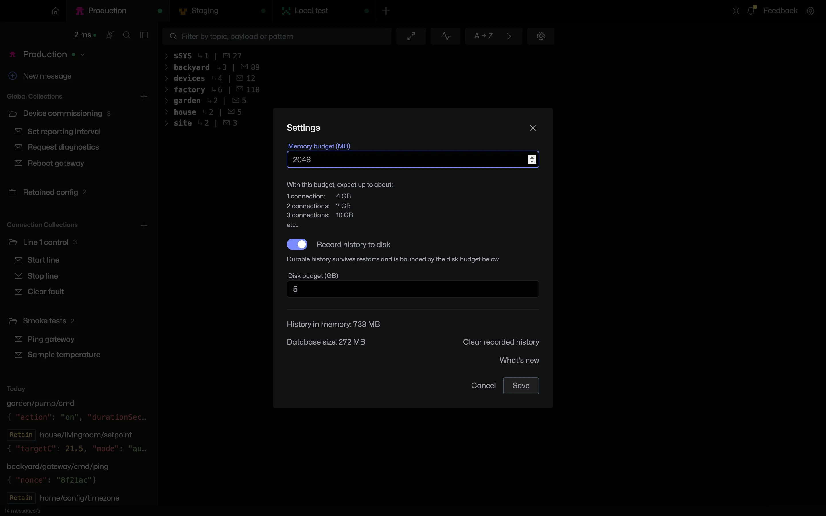 The settings dialog showing the memory budget per connection, the current history memory use and the estimated total for one, two and three connections