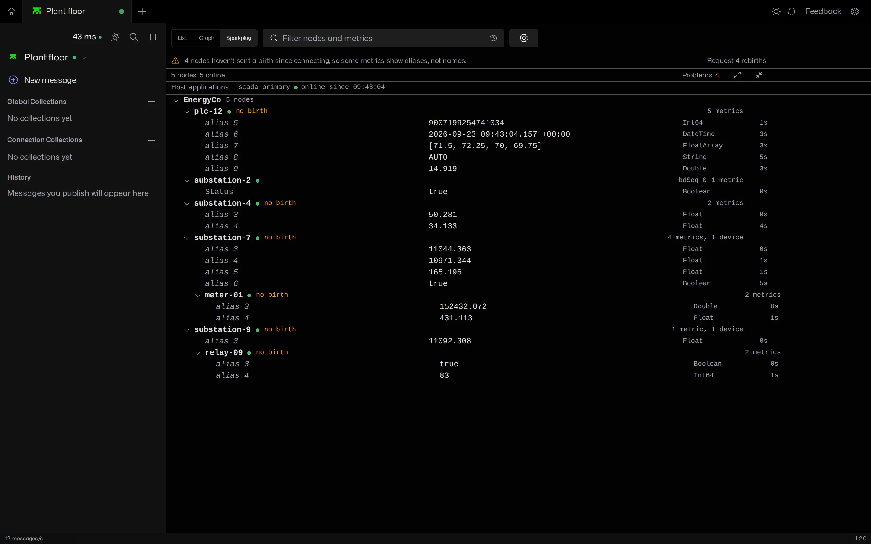 The MQTT Viewer Sparkplug view shortly after connecting: four edge nodes marked no birth, their metrics listed as alias 3, alias 4 and so on, and a banner offering to request four rebirths