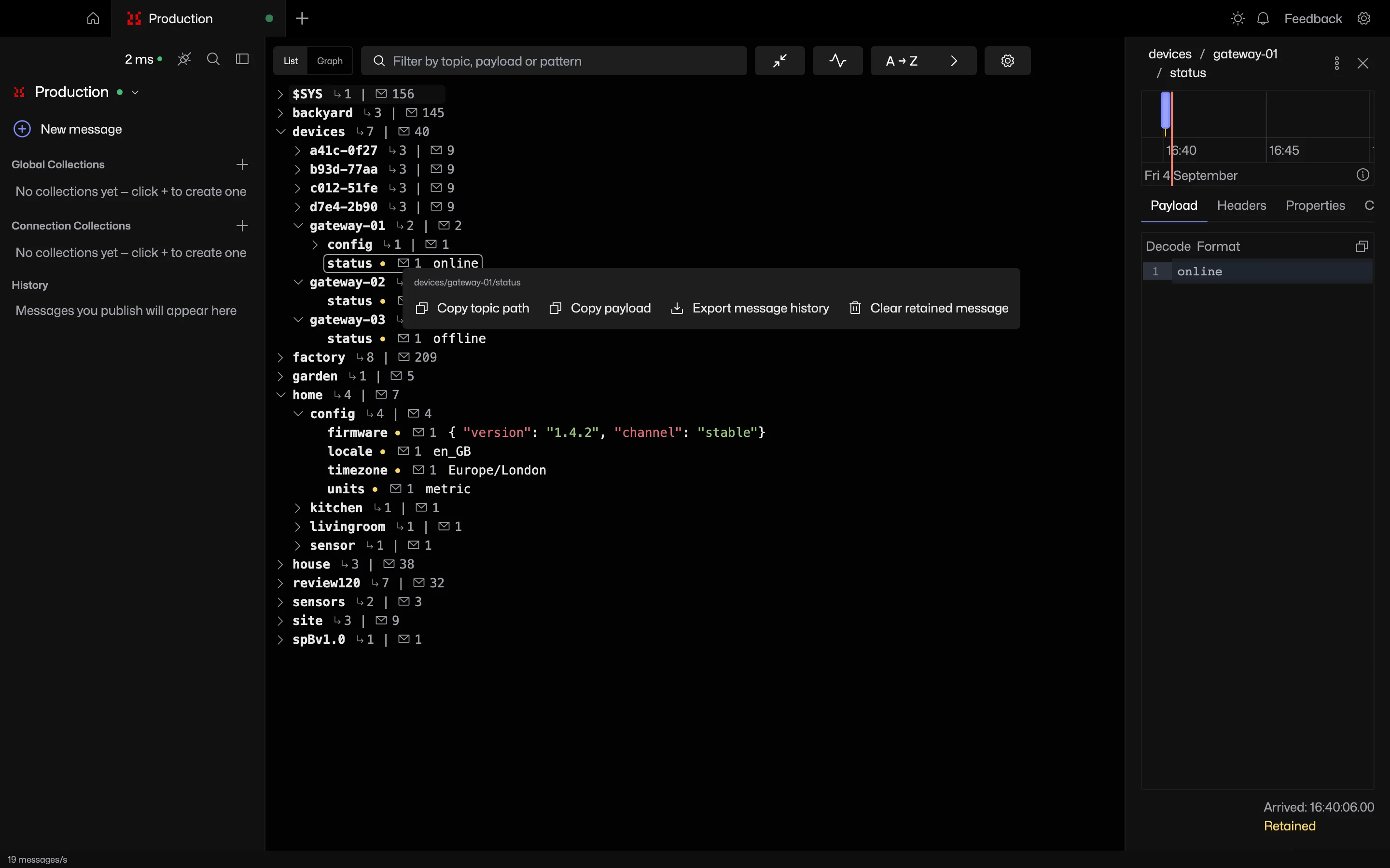 The context menu open on a topic in the tree, listing copy topic path, copy payload, export message history and the clear retained options