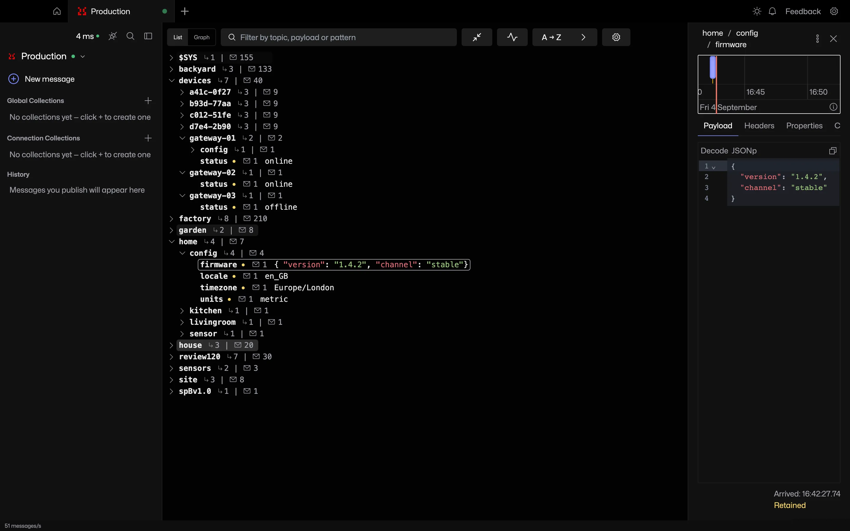 MQTT Viewer served over HTTP and open in a browser, showing the topic tree and a selected topic's payload
